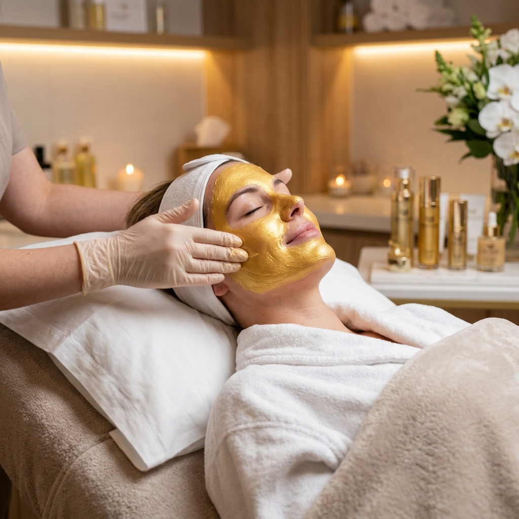 Client enjoying a glowing golden skincare face cream treatment with soft ambient lighting
