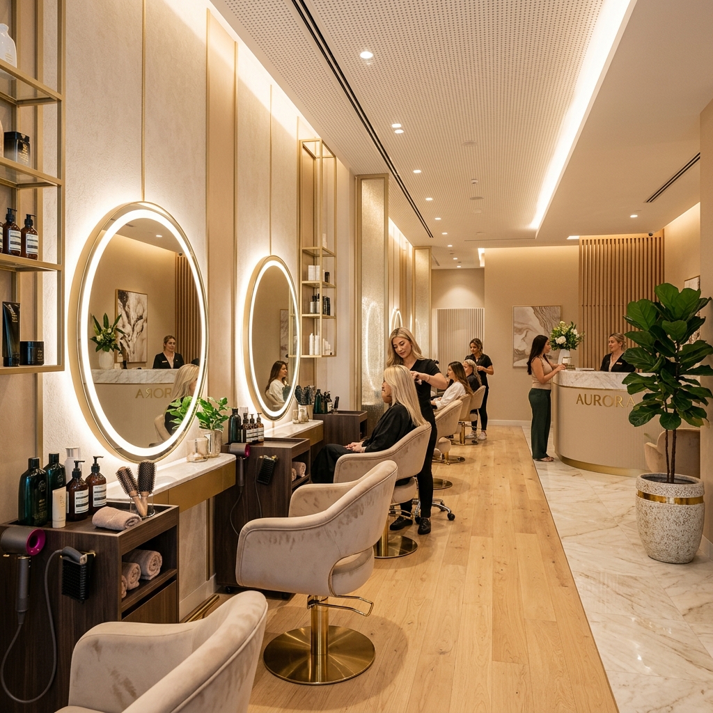 The Beauty wizard salon Premium Salon Interior showing luxury styling mirrors and warm gold glow